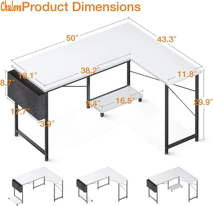 مكتب على شكل حرف L مع حقيبة تخزين منزلي 1.3 متر زاوية قابل أبيض . Chulovs